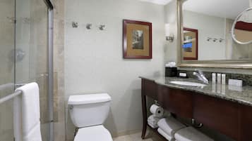 Un baño con cabina de ducha de vidrio, inodoro blanco, tocador con lavabo y espejo, y un cuadro en la pared.