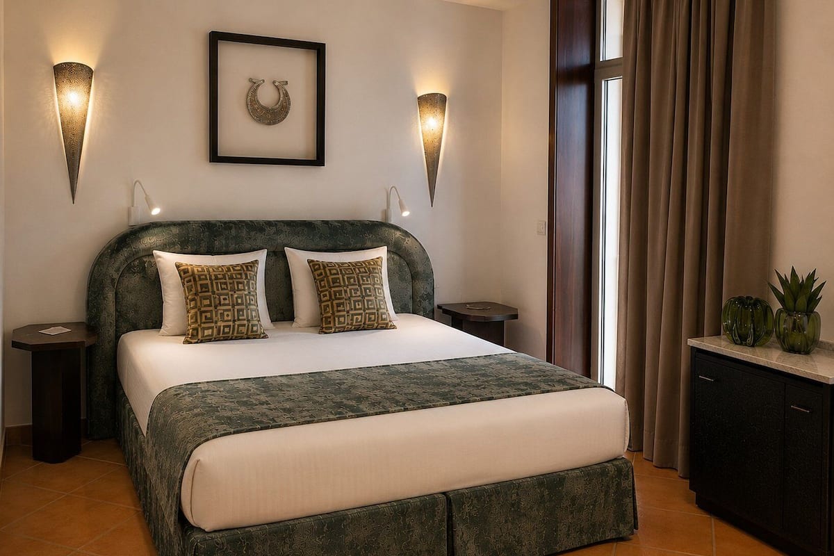 A neatly arranged bedroom with a bed, two bedside tables, a nightstand, a framed picture on the wall, and a window with curtains.