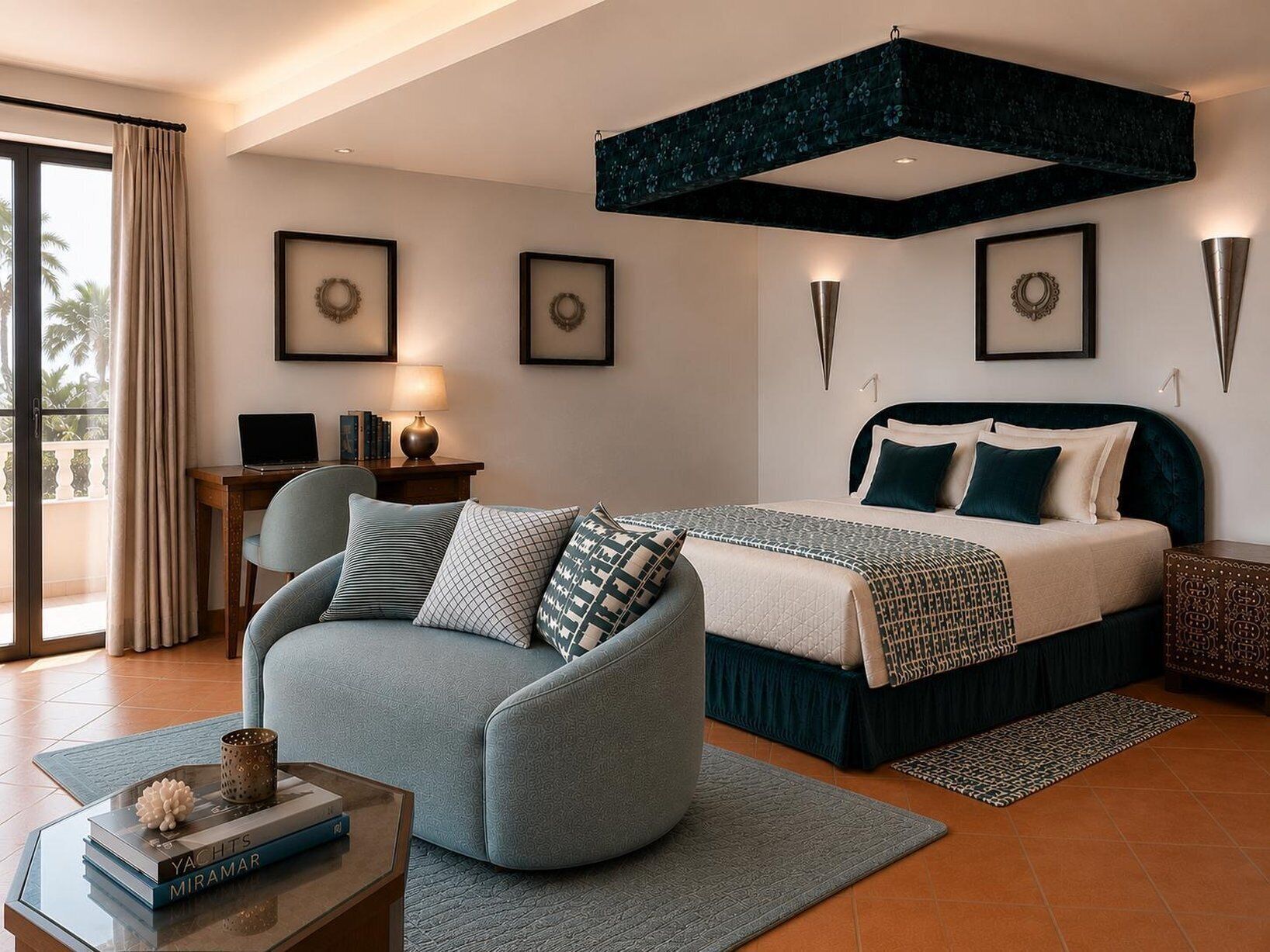 A modern bedroom with a bed, a sofa, a desk, and a balcony.