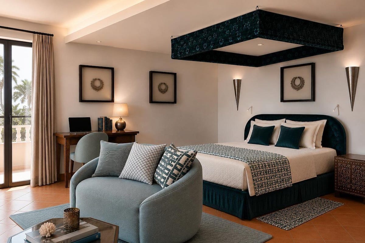 A modern bedroom with a bed, a sofa, a desk, and a balcony.