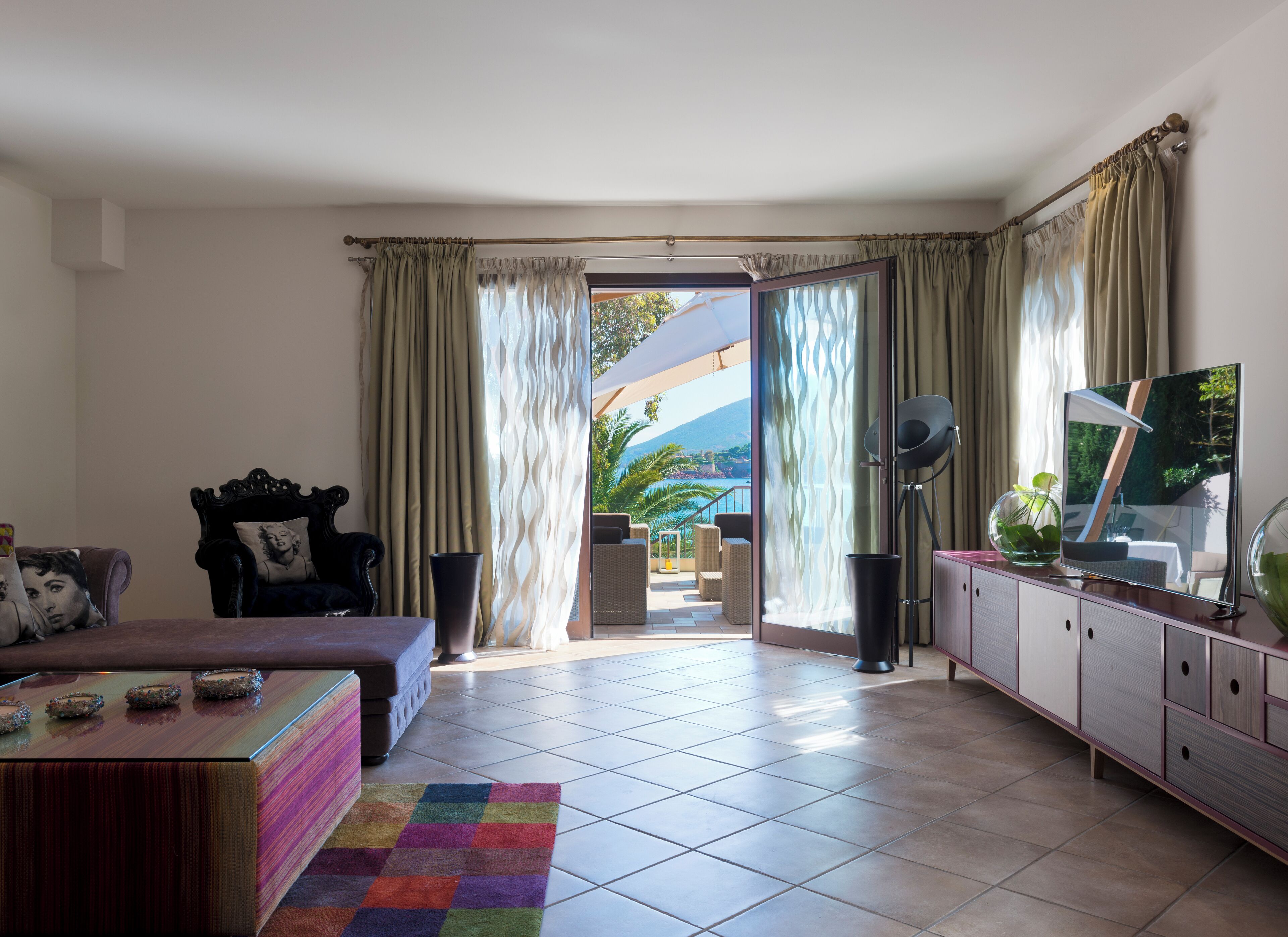 villa, 3 bedrooms, hot tub, sea view (terrace) | living area | led tv, dvd player, pay films