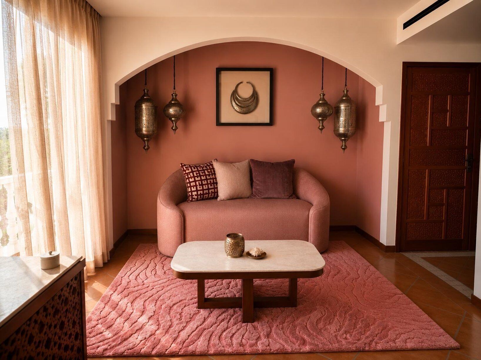 A room with a pink sofa, a coffee table, patterned pillows, and wall-mounted lanterns.