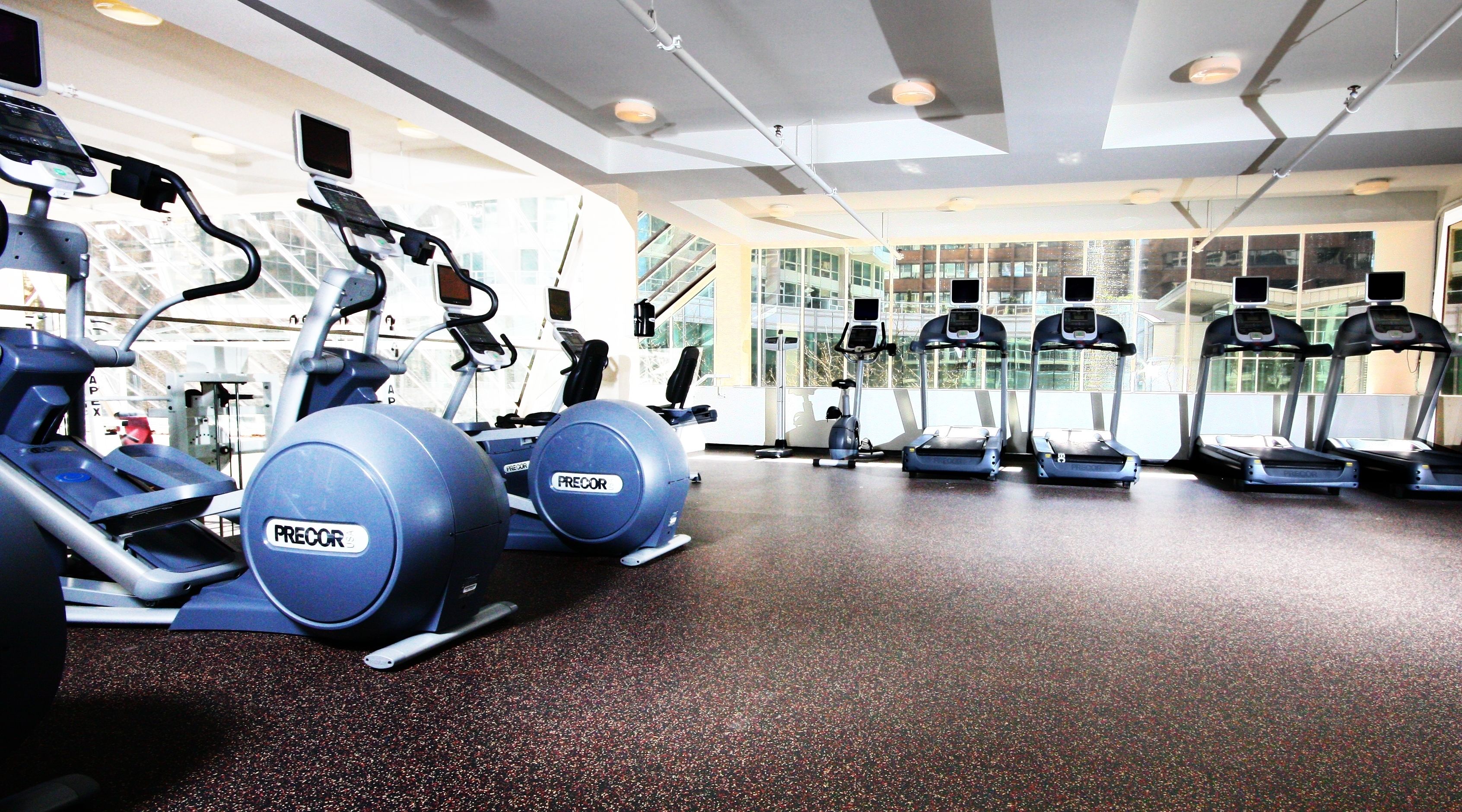 A gym with treadmills, elliptical machines, and exercise balls.