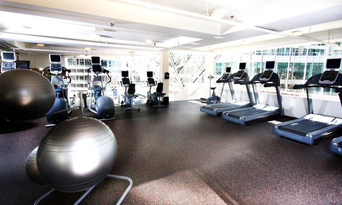 A gym with treadmills, elliptical machines, and exercise balls.