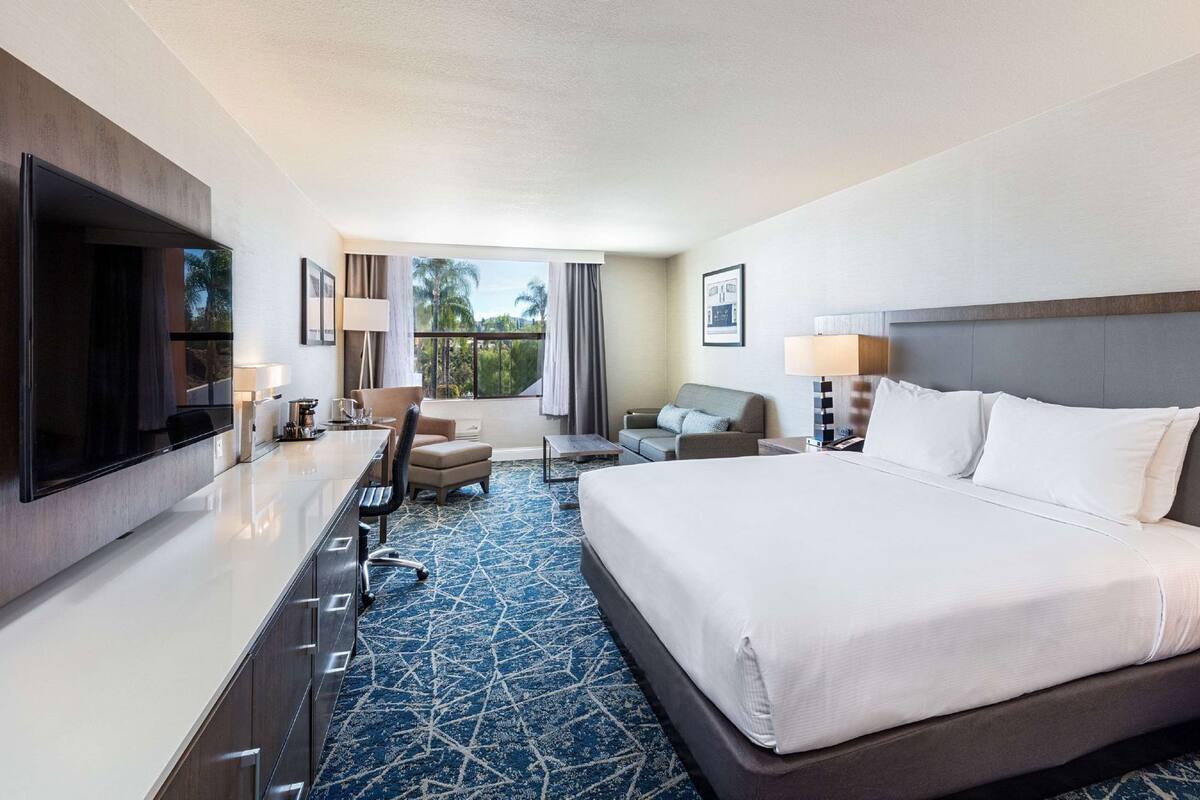 A hotel room with a large bed, a desk with a chair, a sofa, a TV, and a window with a view of trees.