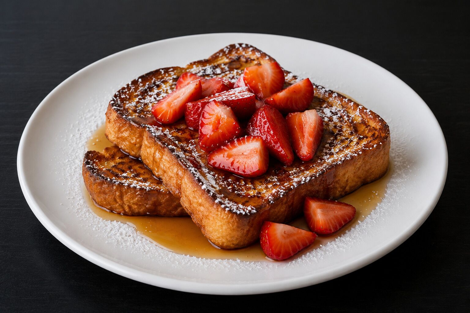 A plate of French toast with strawberries and syrup.