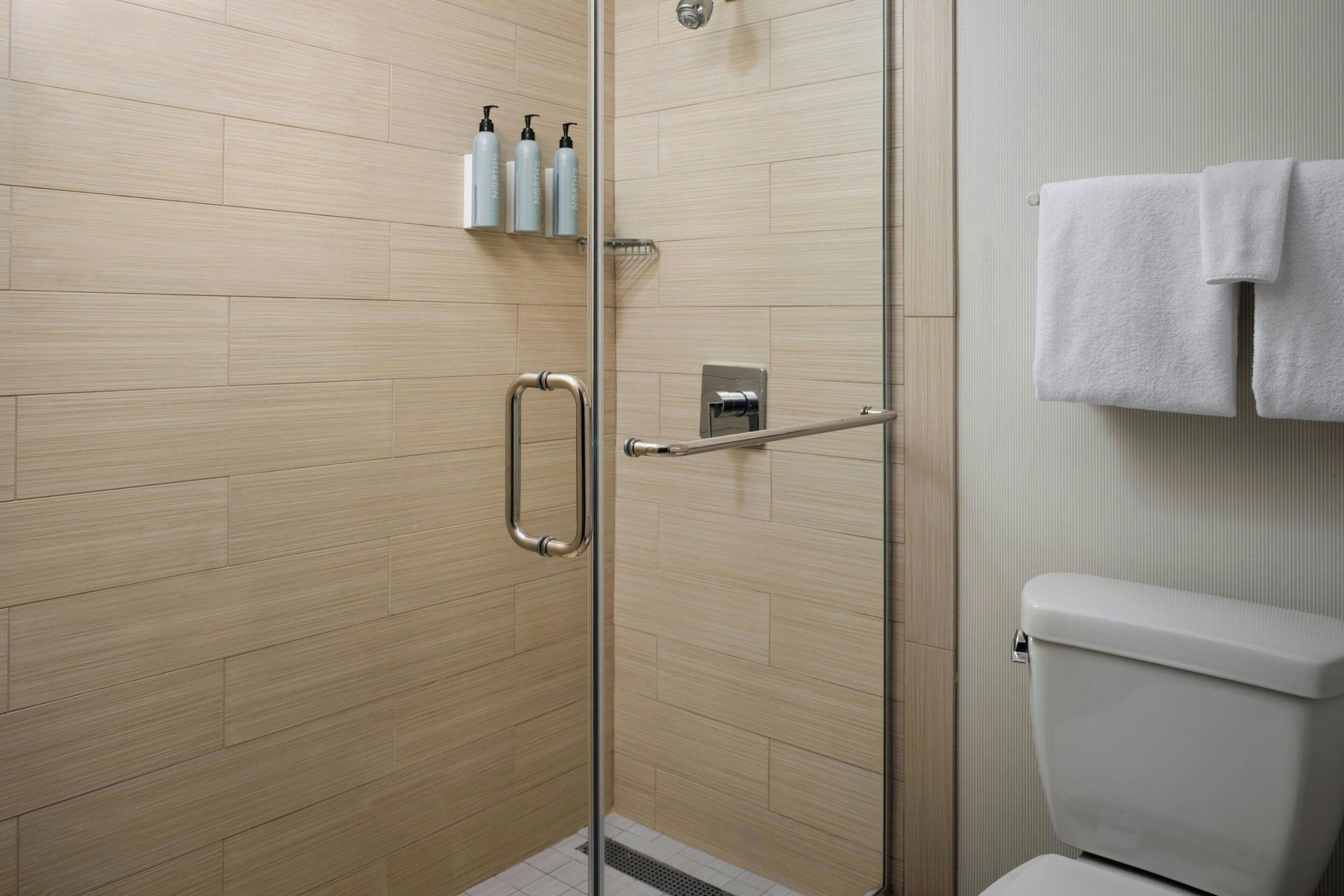 combined shower/bathtub, free toiletries, hair dryer, towels