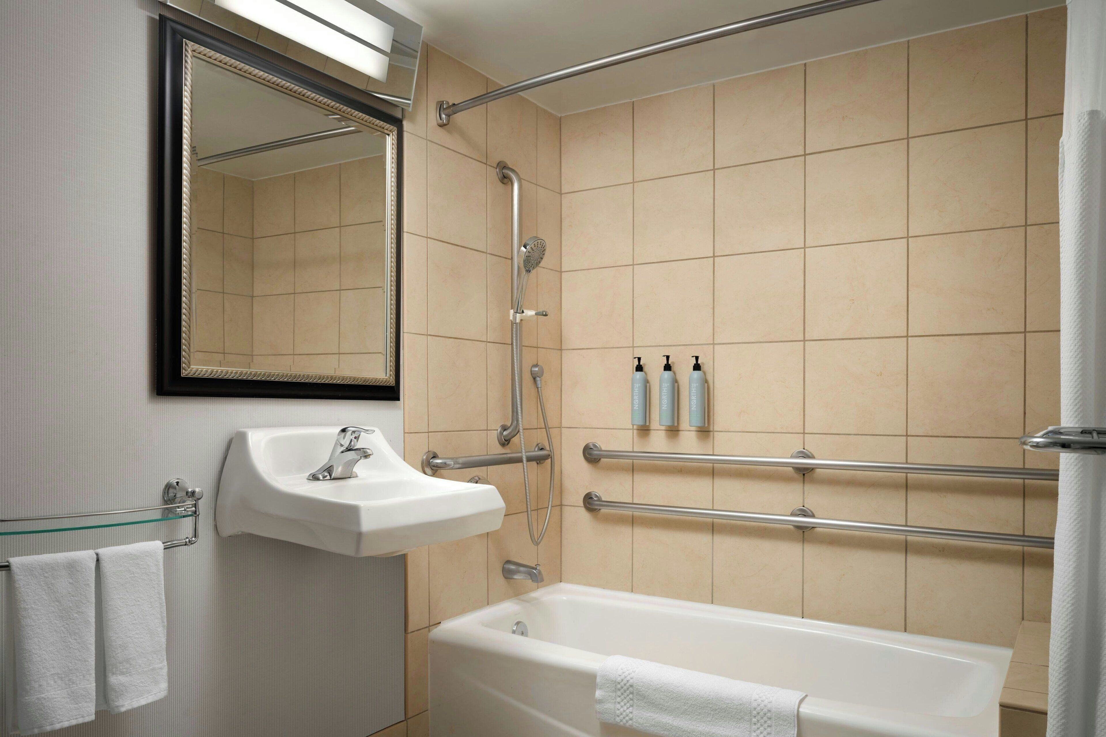combined shower/bathtub, free toiletries, hair dryer, towels