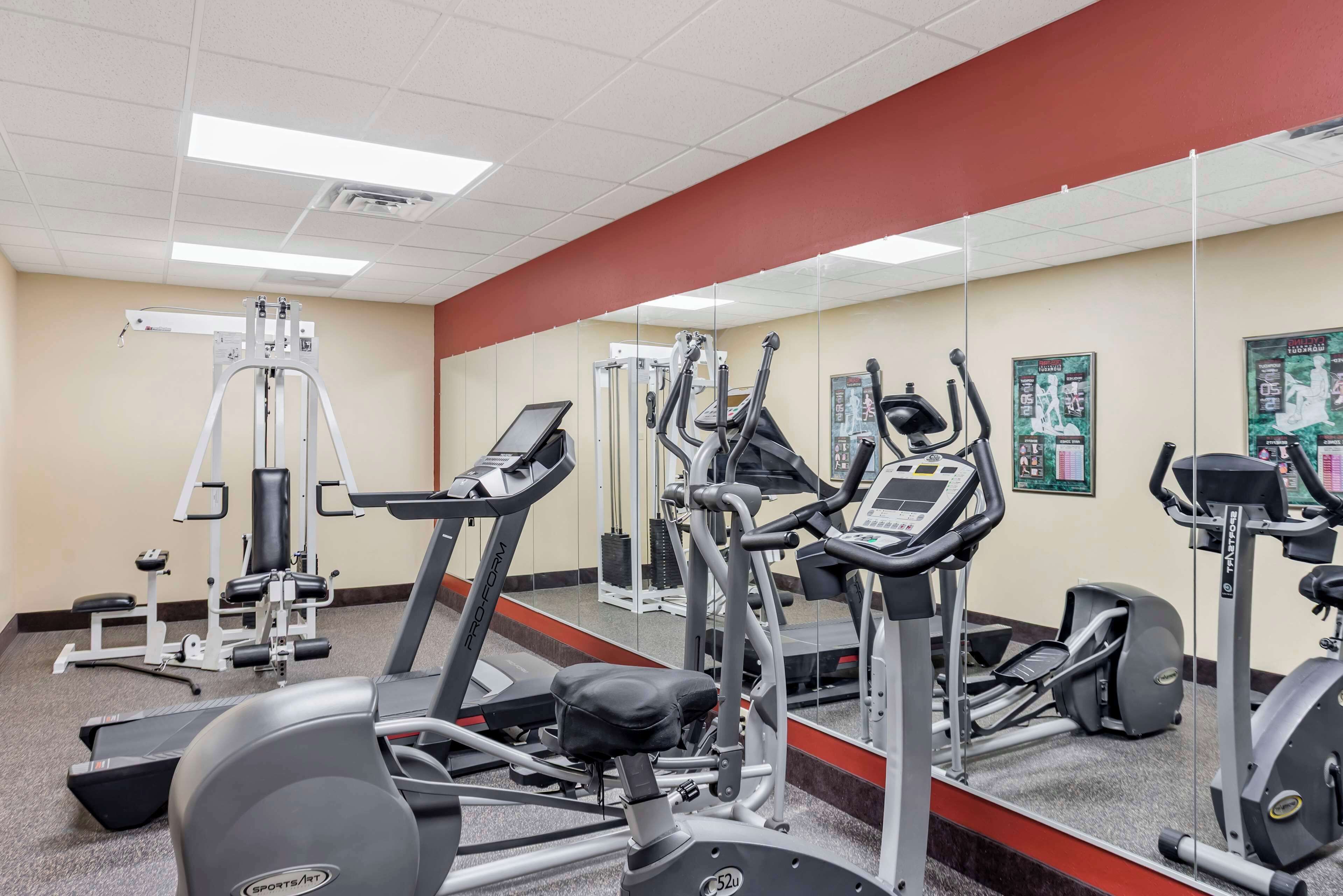 A gym with various exercise equipment, including treadmills, elliptical machines, and weight benches.