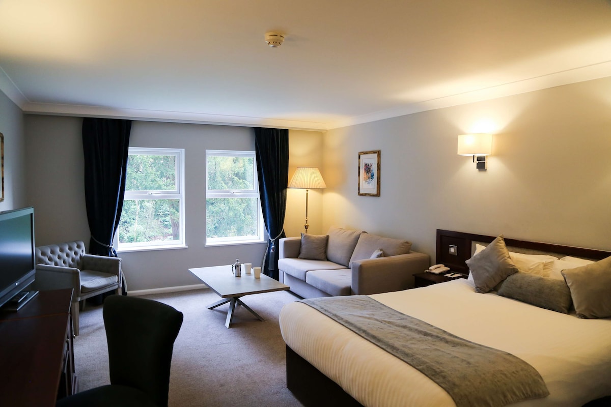 A hotel room with a large bed, a sofa, a TV, a desk, and a lamp.