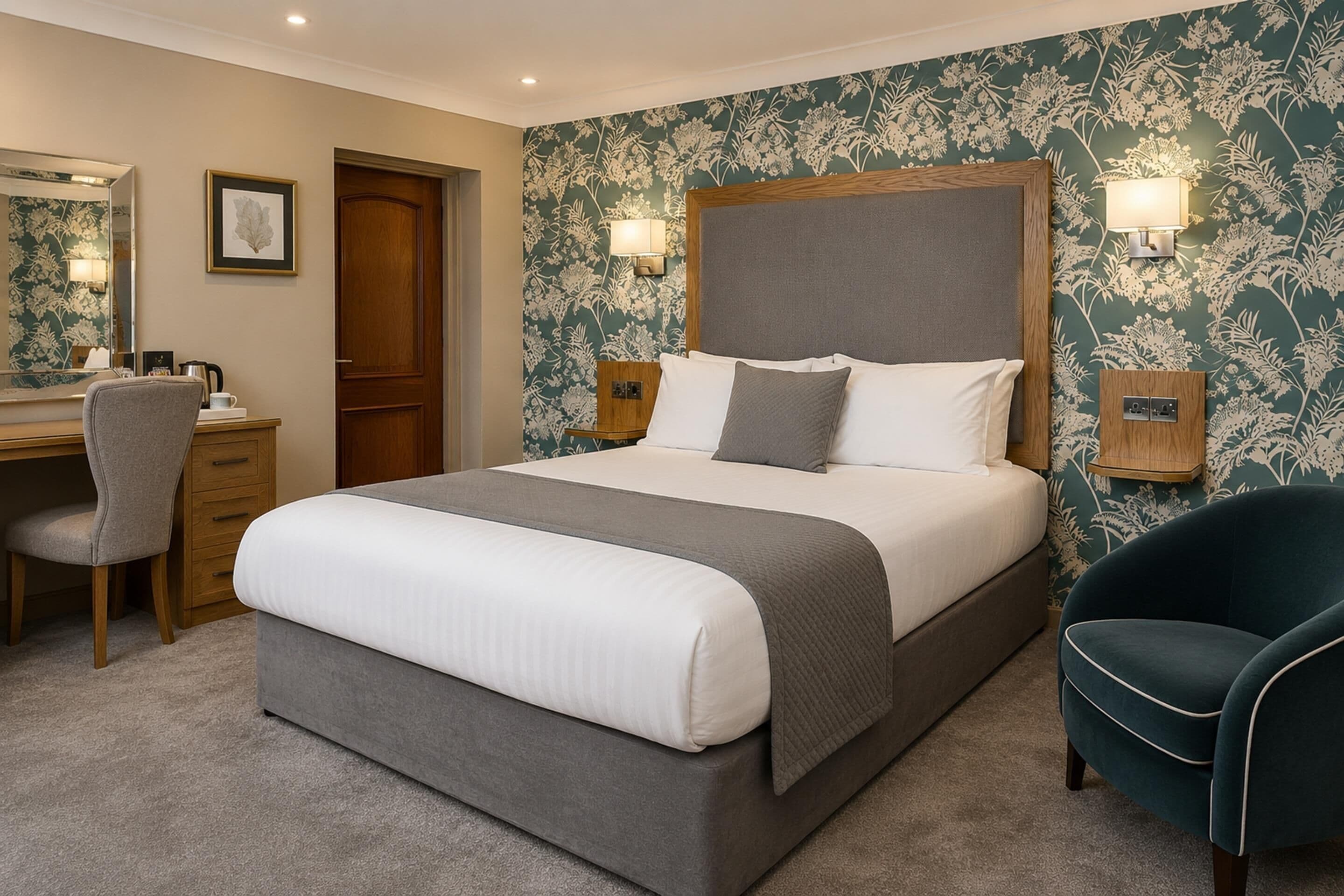 Ein Hotelzimmer mit einem großen Bett, einem Schreibtisch, einem Stuhl und einem Spiegel.