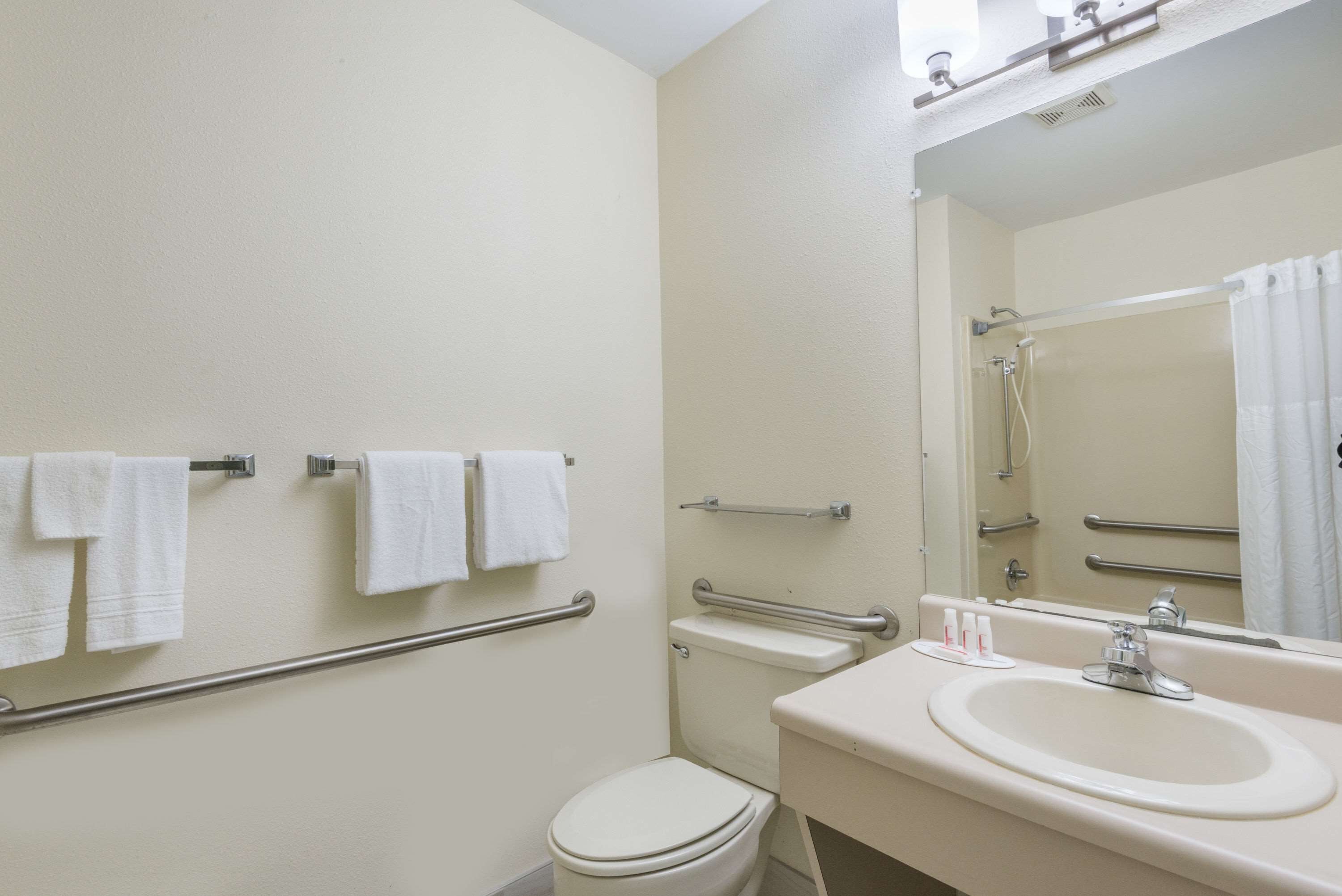 Baño con inodoro, lavamanos y espejo. Cuenta con barras de apoyo y zona de ducha.