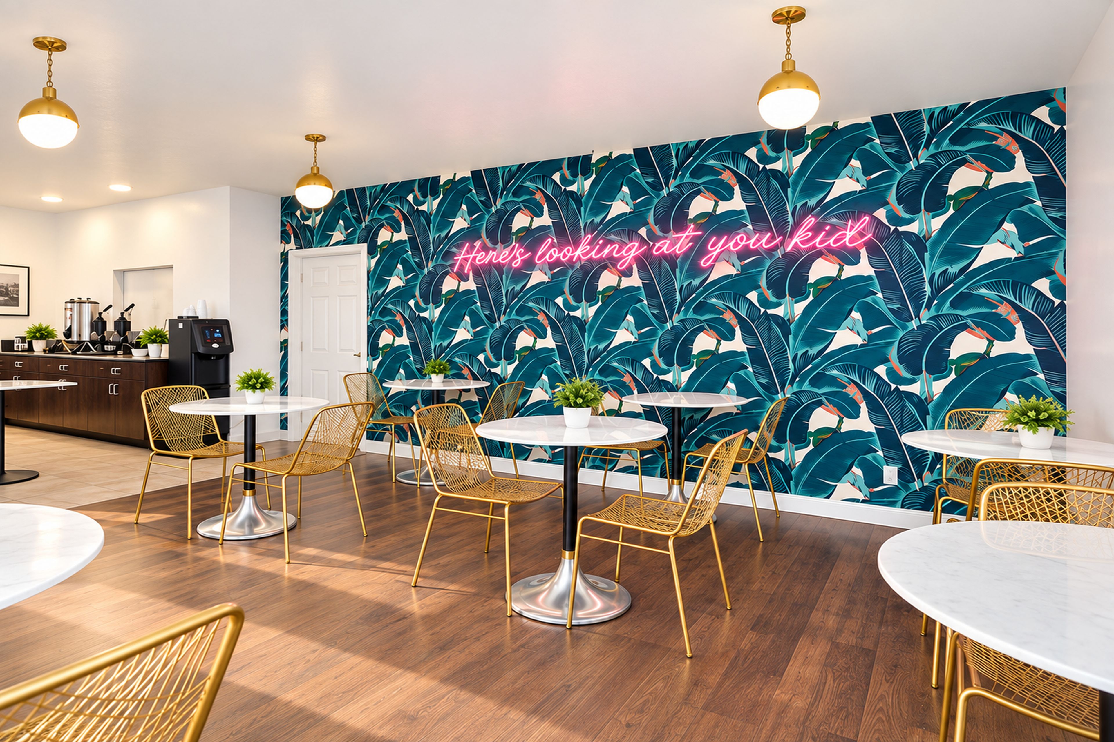 Un espace de restauration moderne avec des tables rondes, des chaises dorées et un papier peint aux motifs tropicaux et aux couleurs vives.