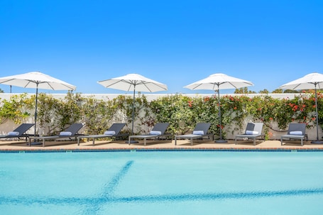 A swimming pool with lounge chairs and umbrellas, surrounded by a wall with climbing plants and flowers.
