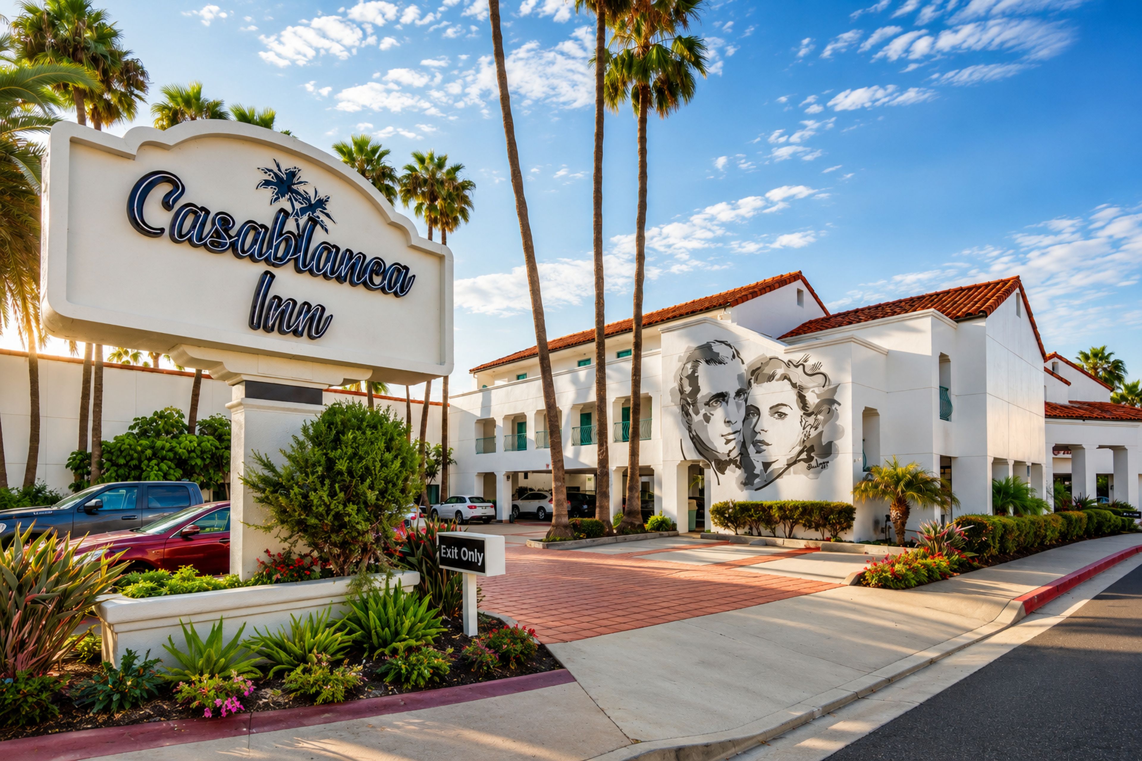 A hotel entrance with a sign, palm trees, and a building with a mural.