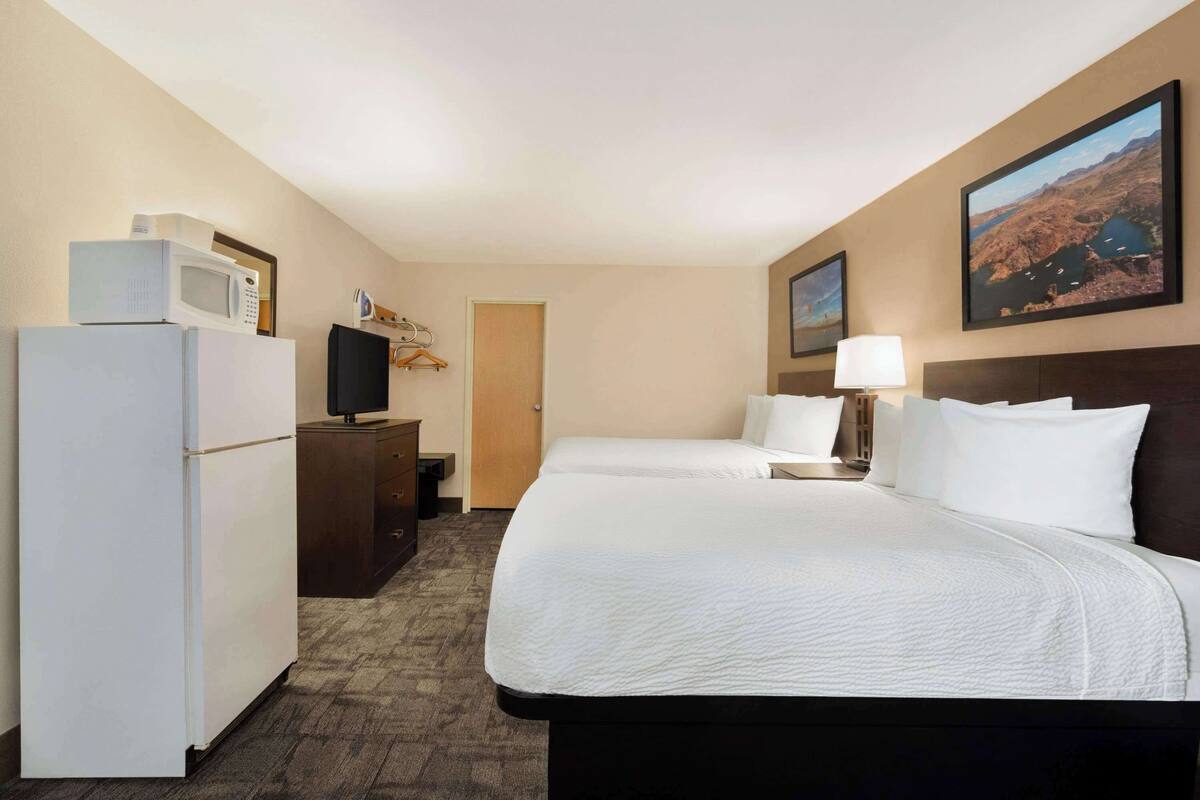 A hotel room with two beds, a refrigerator, a microwave, a TV, a dresser, a lamp, and a painting on the wall.