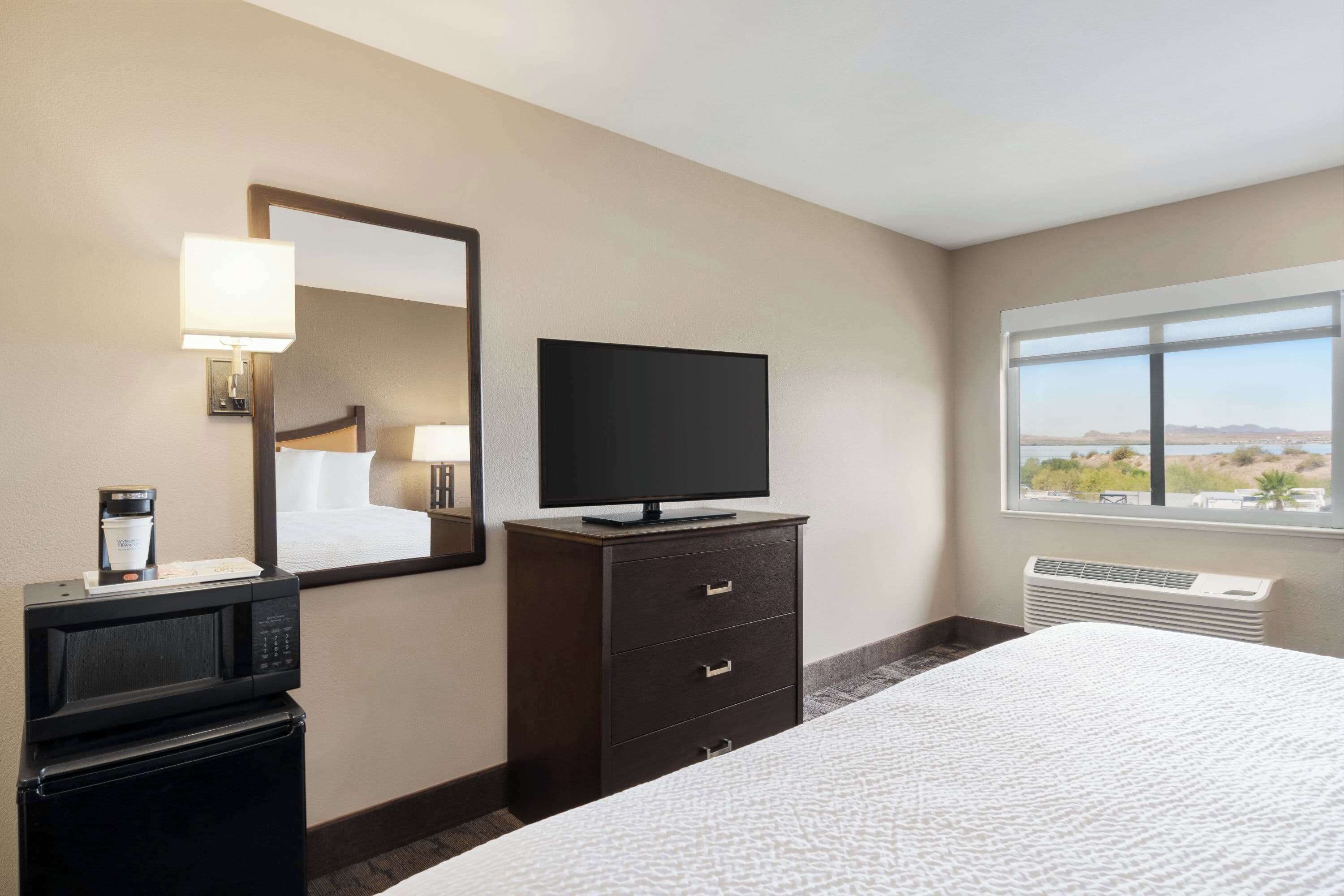 Habitación de hotel con cama, televisión, cómoda, microondas y ventana con vistas.