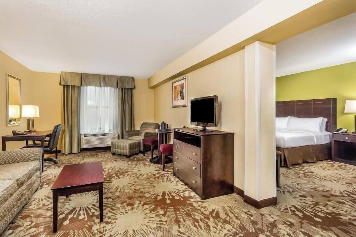 A hotel room with a sofa, a desk, a television, a bed, and a carpeted floor.