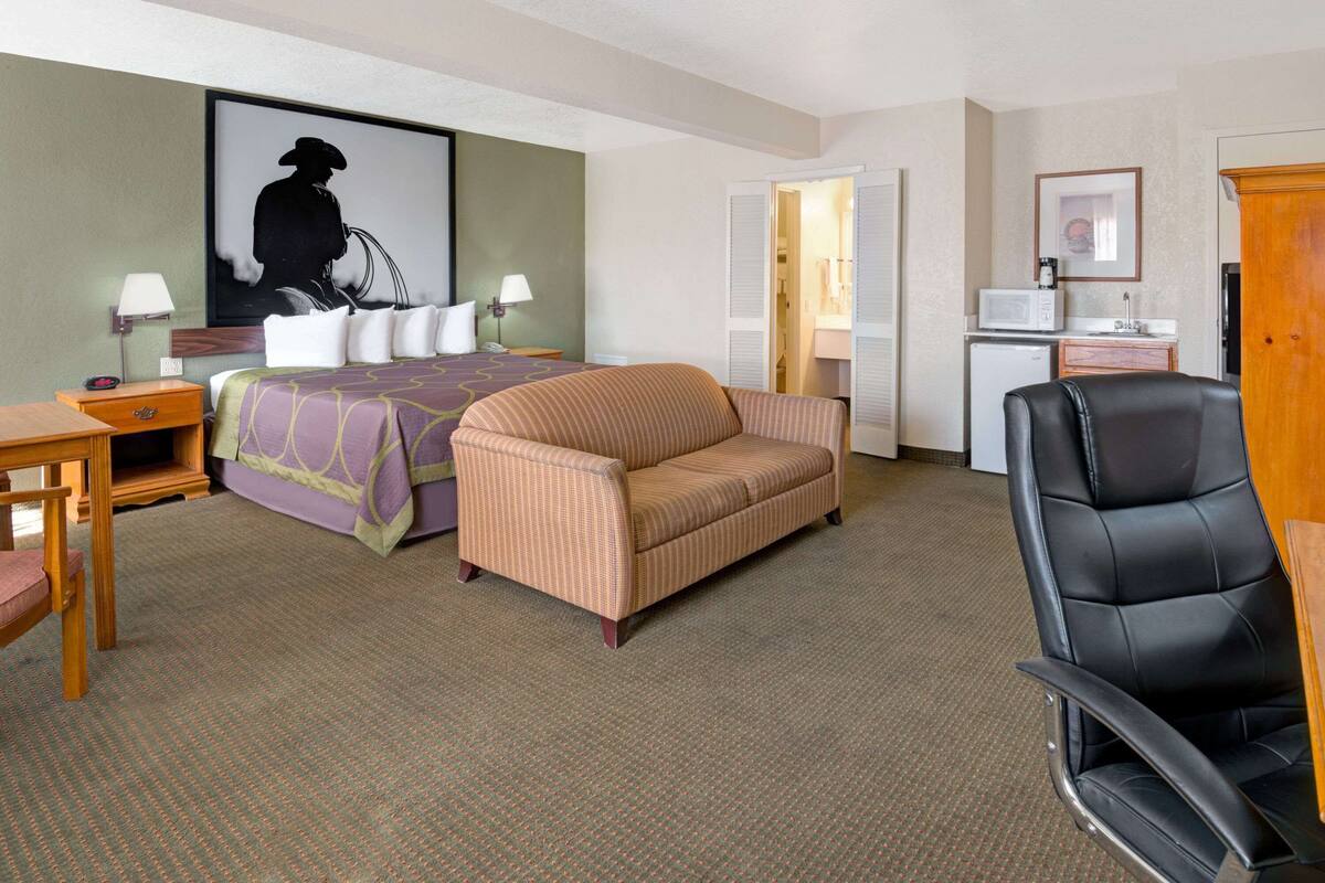 A hotel room with a bed, a sofa, a desk, a chair, a microwave, a refrigerator, and a small kitchenette.