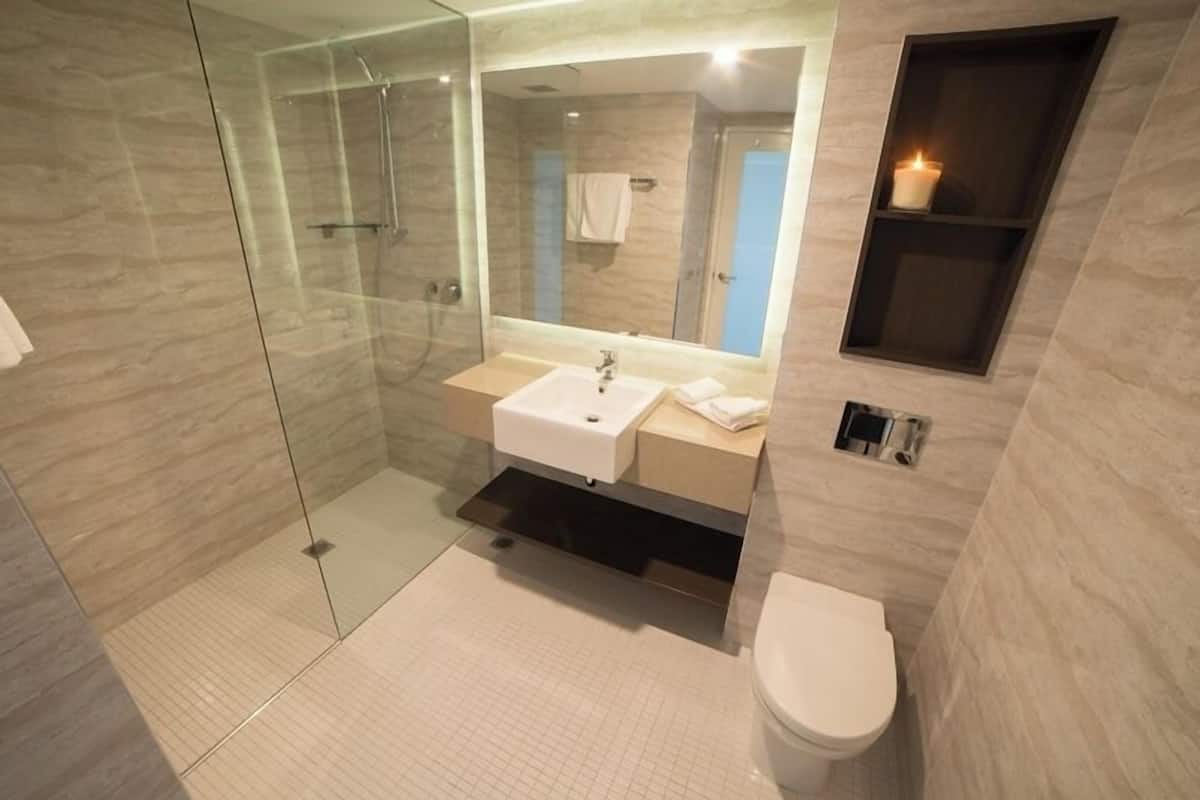 shower, eco-friendly toiletries, hair dryer, bathrobes