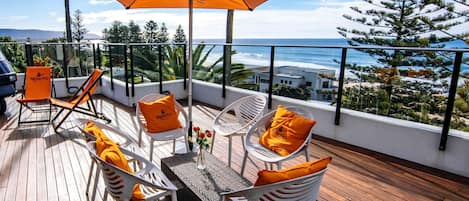 Frühstück, Mittagessen, Abendessen, Blick auf den Strand 