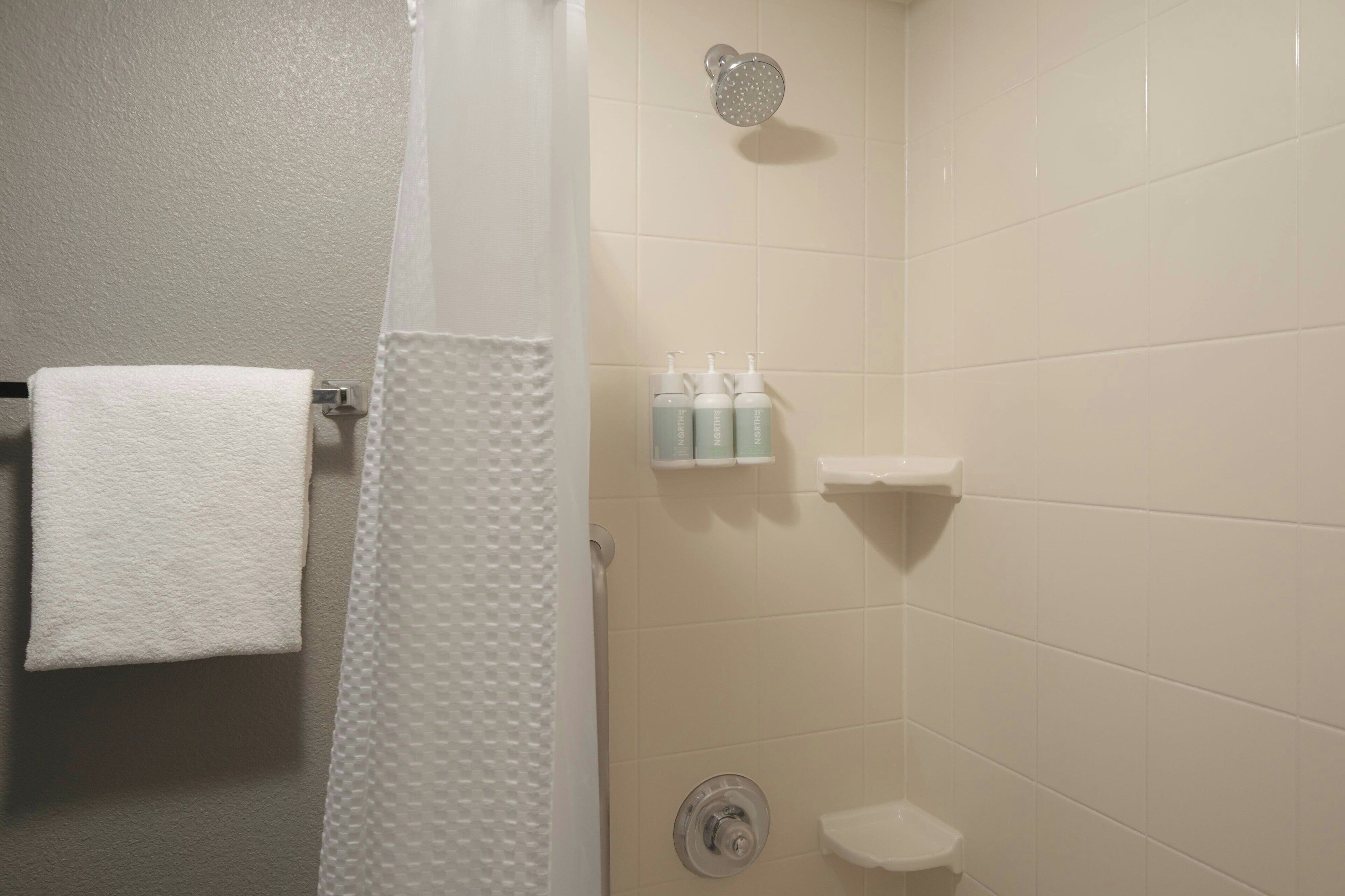 combined shower/bathtub, free toiletries, hair dryer, towels