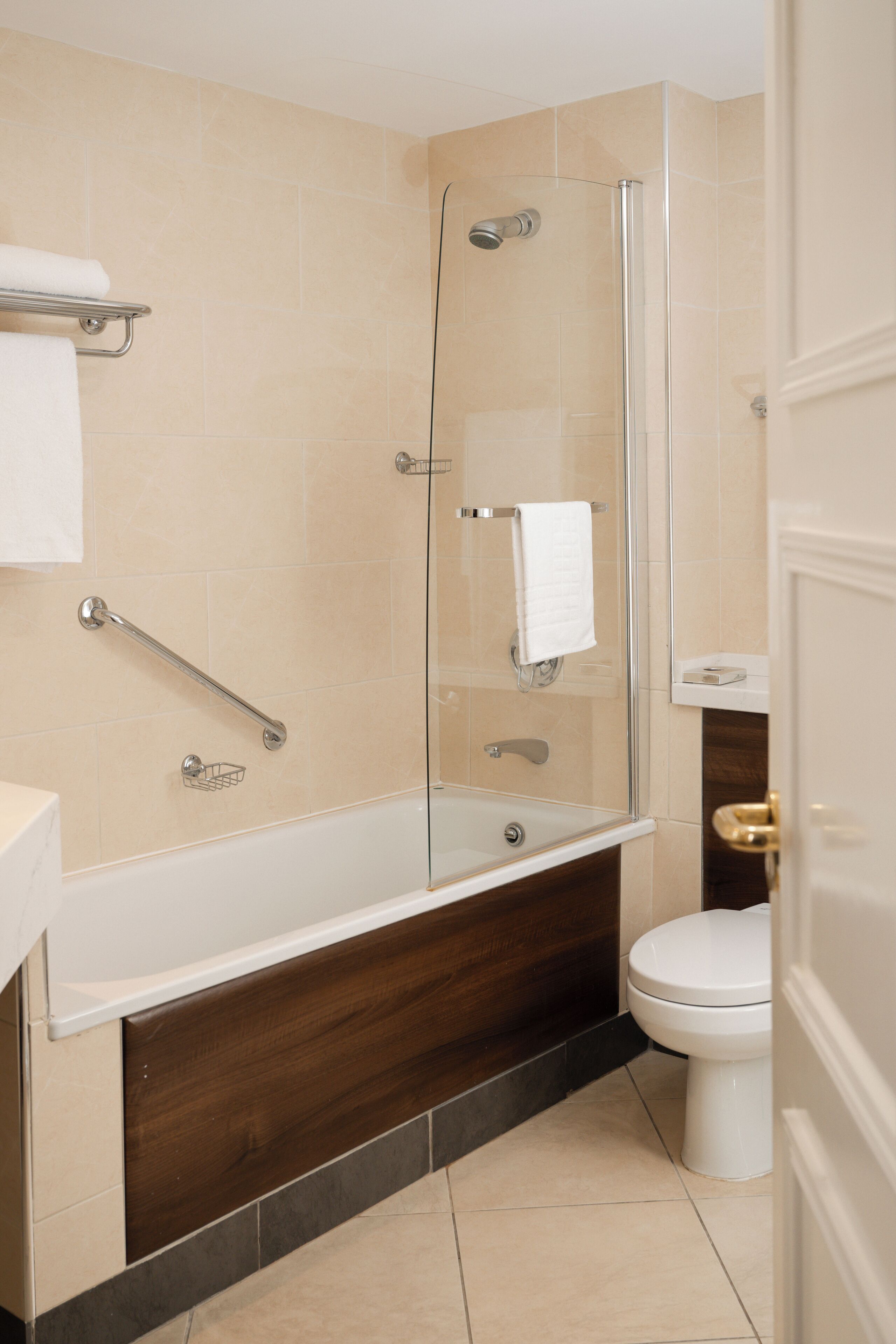 combined shower/bathtub, free toiletries, hair dryer, towels