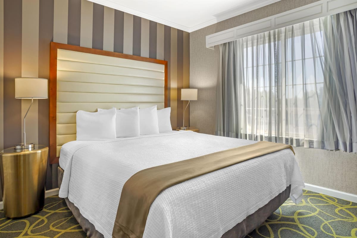 Une chambre d’hôtel avec un grand lit, deux lampes de chevet, une fenêtre avec des rideaux légers et une moquette à motifs.