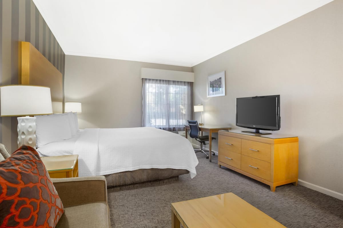 Une chambre d’hôtel avec un lit, un bureau, une télévision et un canapé.