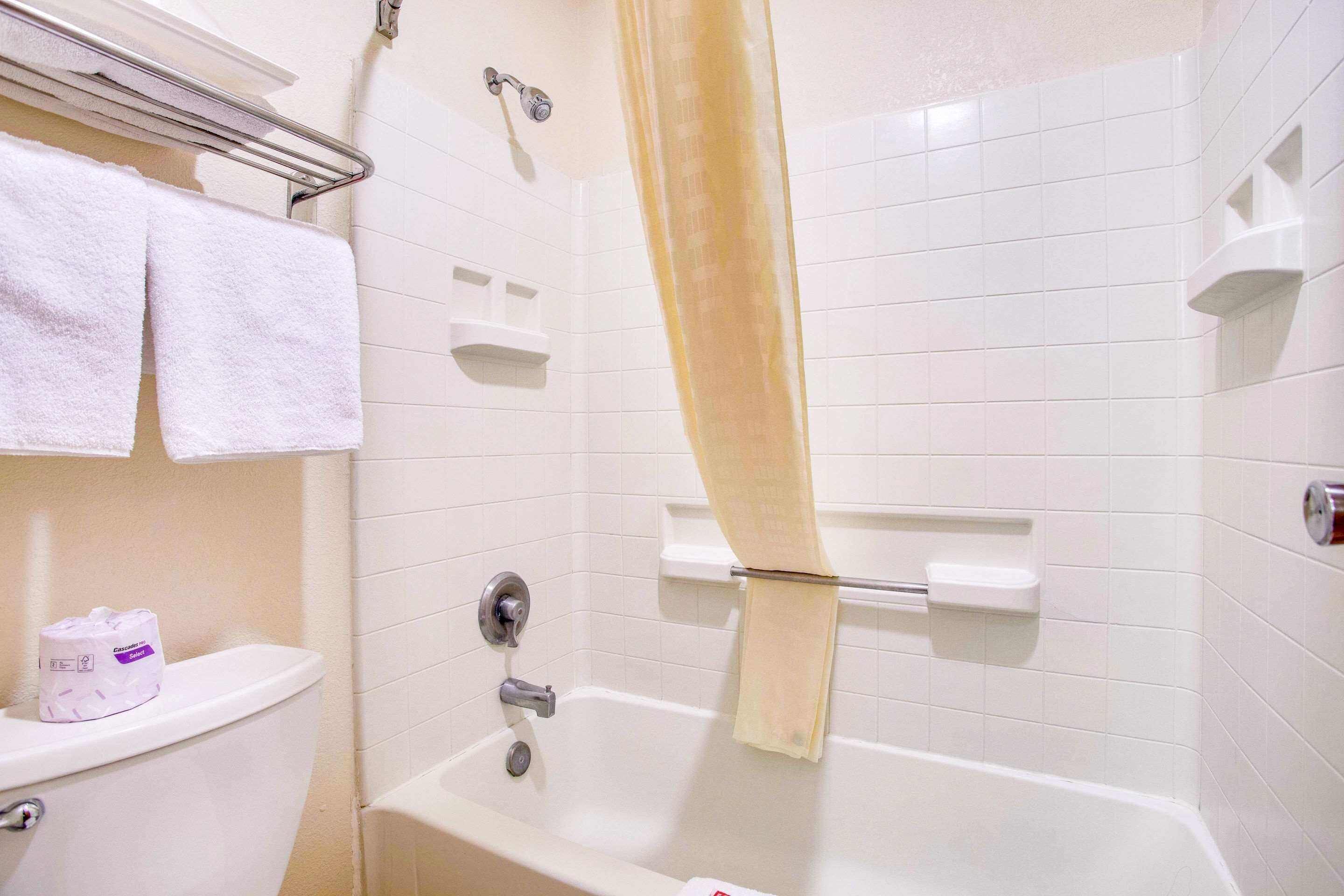 Un baño con una bañera blanca, inodoro y cortina de ducha.