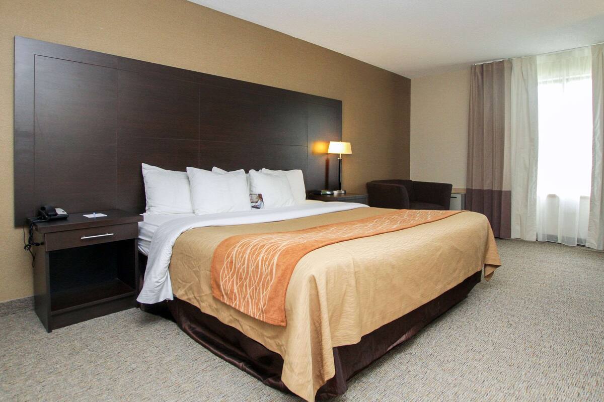 A hotel room with a large bed, a nightstand with a lamp, a chair, and a window with curtains.