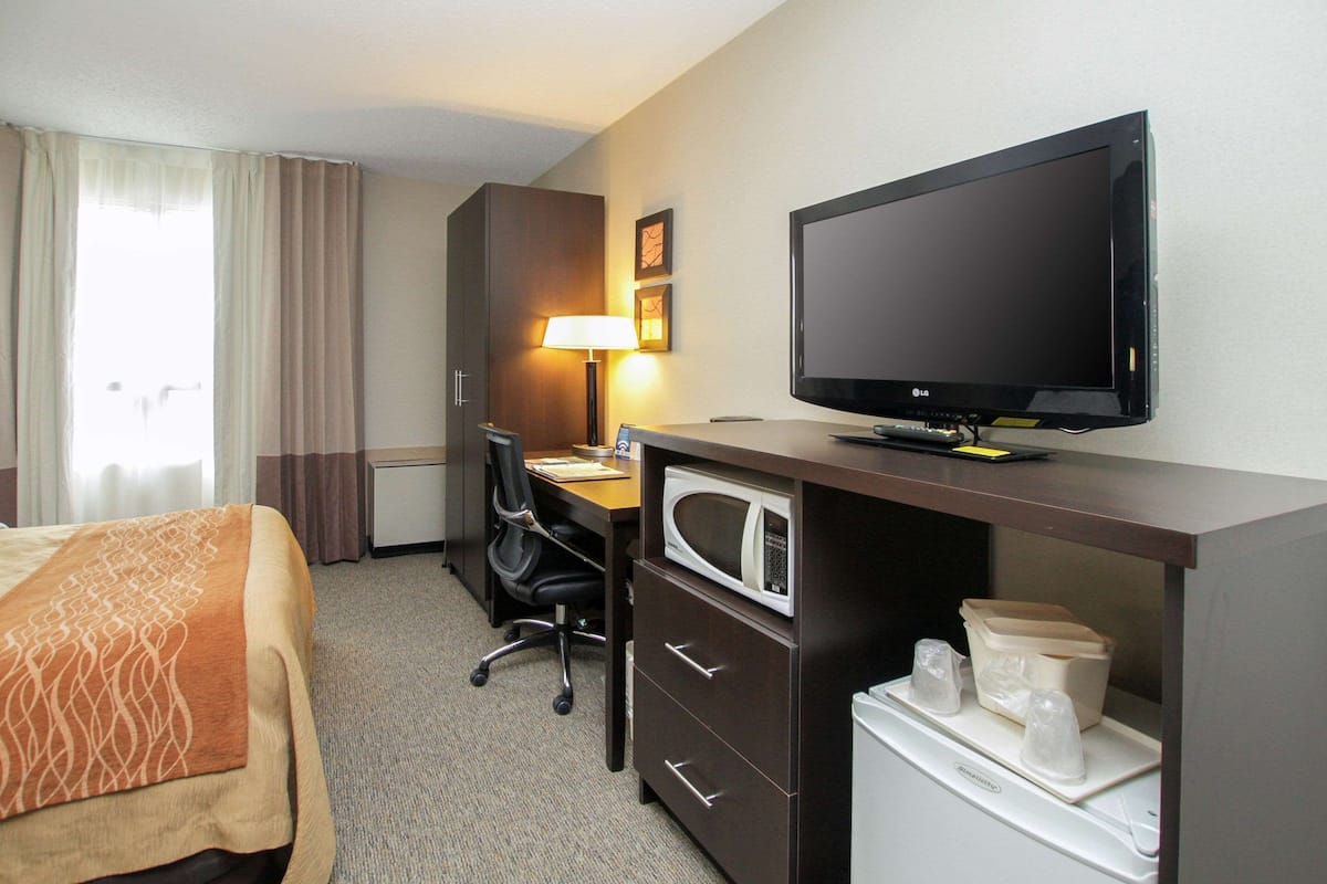 A hotel room with a bed, desk, chair, television, microwave, and a minibar.