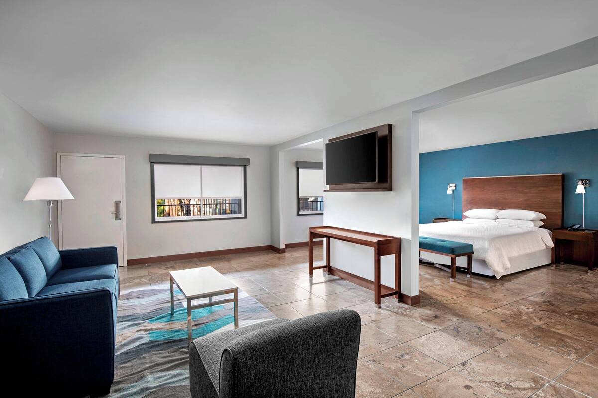 A modern hotel room with a bed, a sofa, a TV, and a desk.