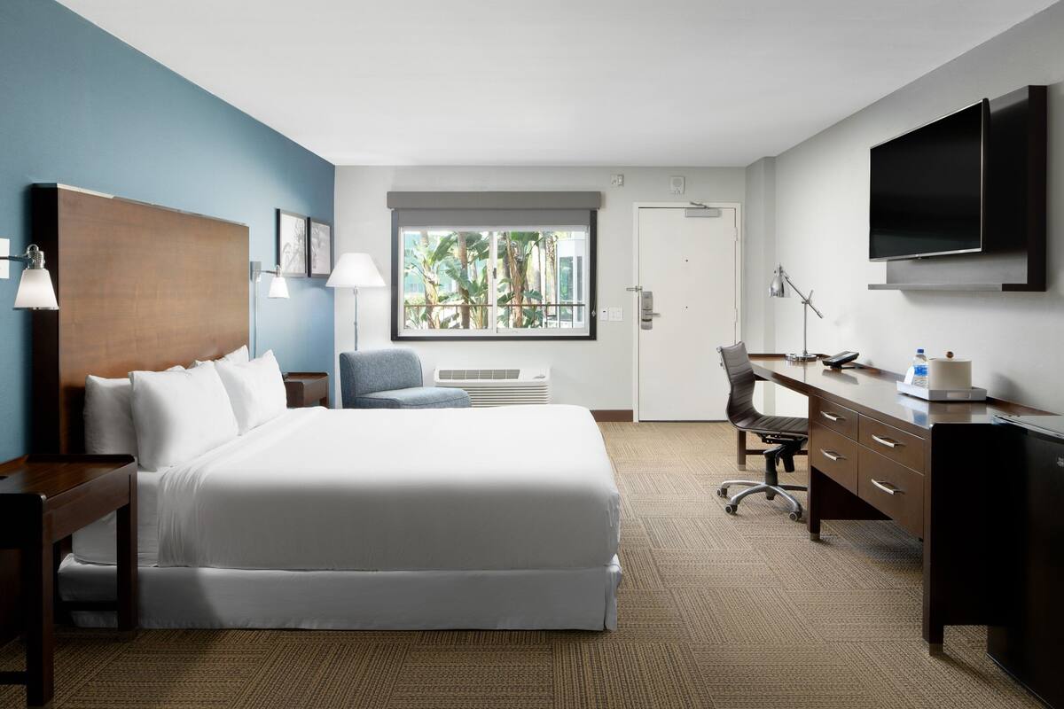 A hotel room with a large bed, a desk, a chair, a TV, and a window with a view of greenery.