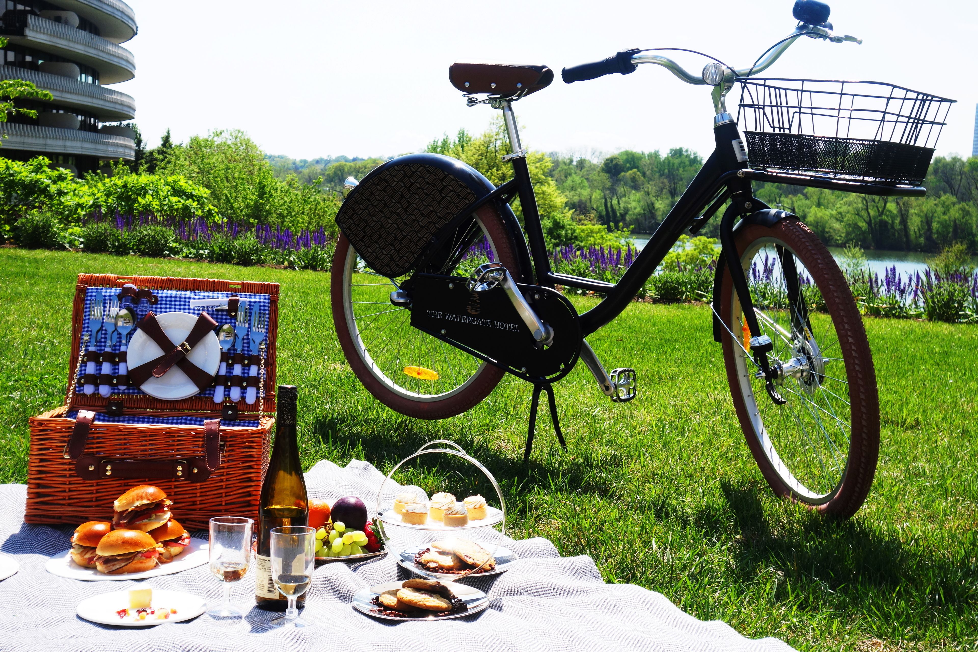 Ein Picknick mit Fahrrad, Picknickkorb und Speisen auf einer Decke im Park.