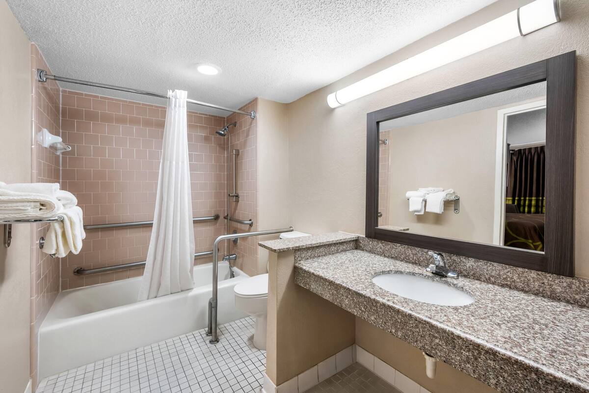 Une salle de bain équipée d’une douche, de toilettes, d’un lavabo et d’un miroir.