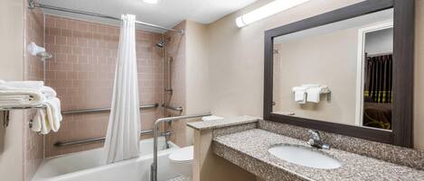 Un baño con ducha, inodoro, lavabo y espejo.