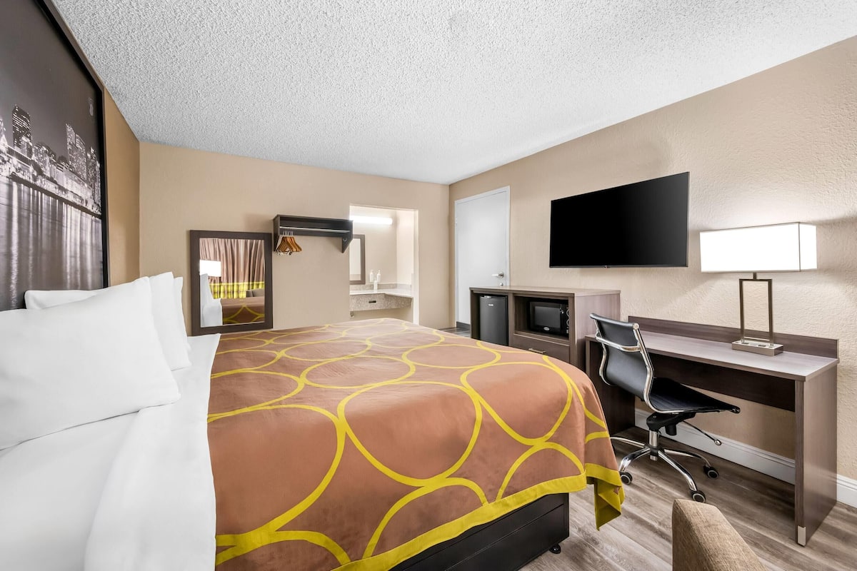 Une chambre d’hôtel avec un lit, un bureau, une télévision et un miroir.