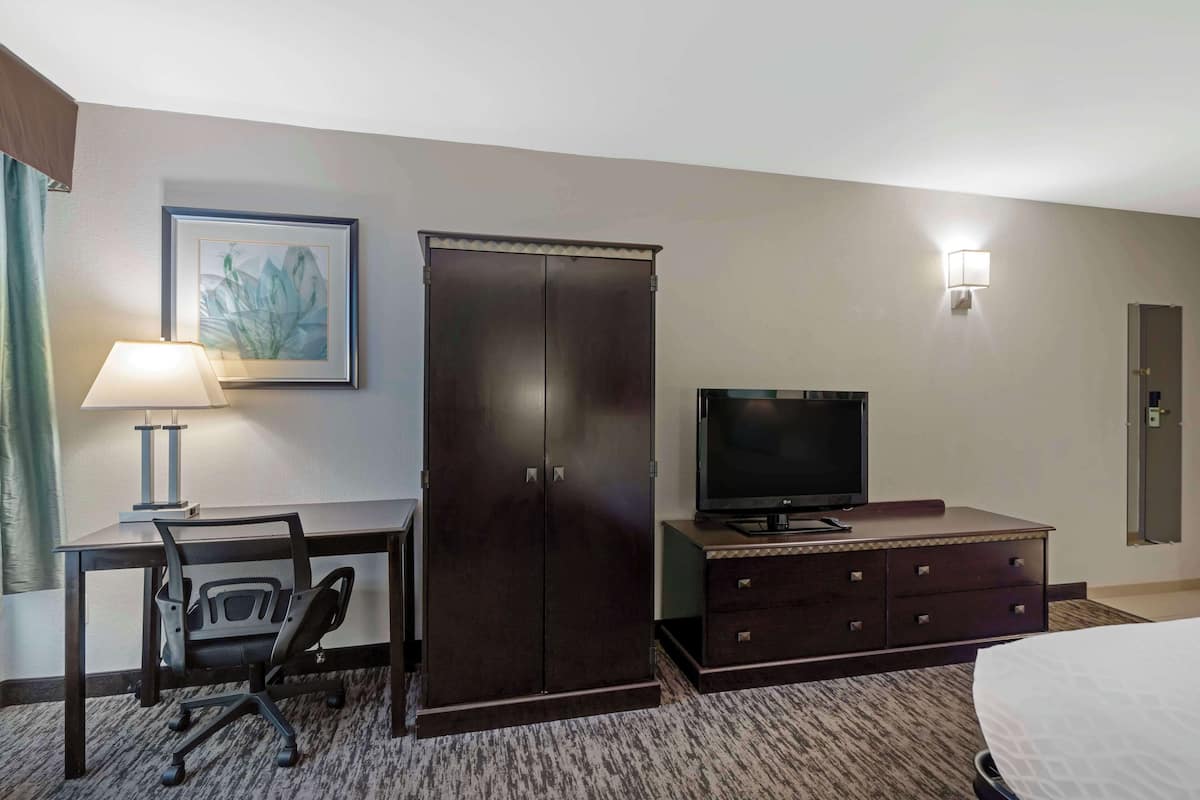 A hotel room with a desk, chair, television, wardrobe, and a bed.