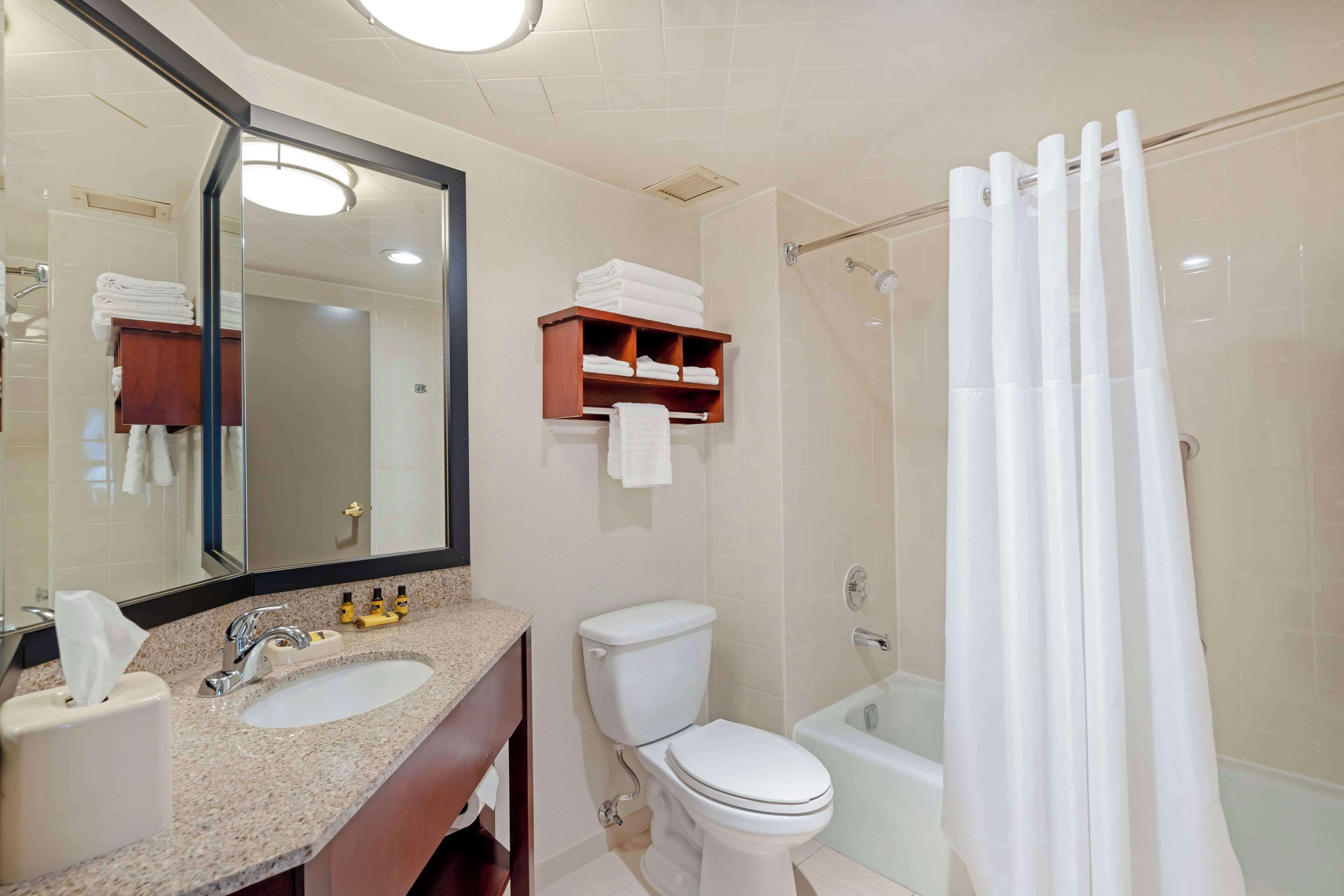 combined shower/bathtub, designer toiletries, hair dryer, towels