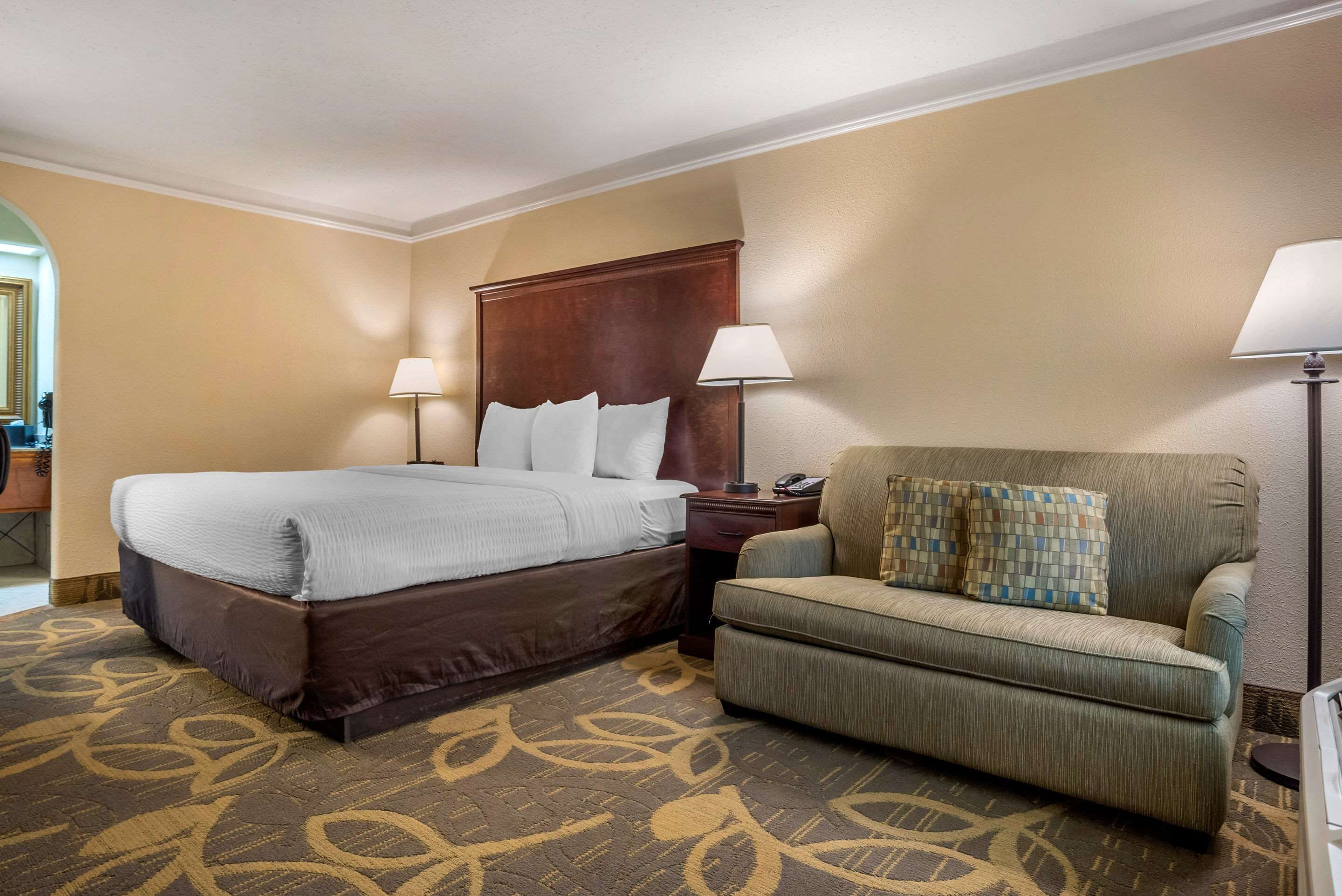 Una habitación de hotel con una cama grande, un sofá, dos lámparas de noche y una alfombra estampada.