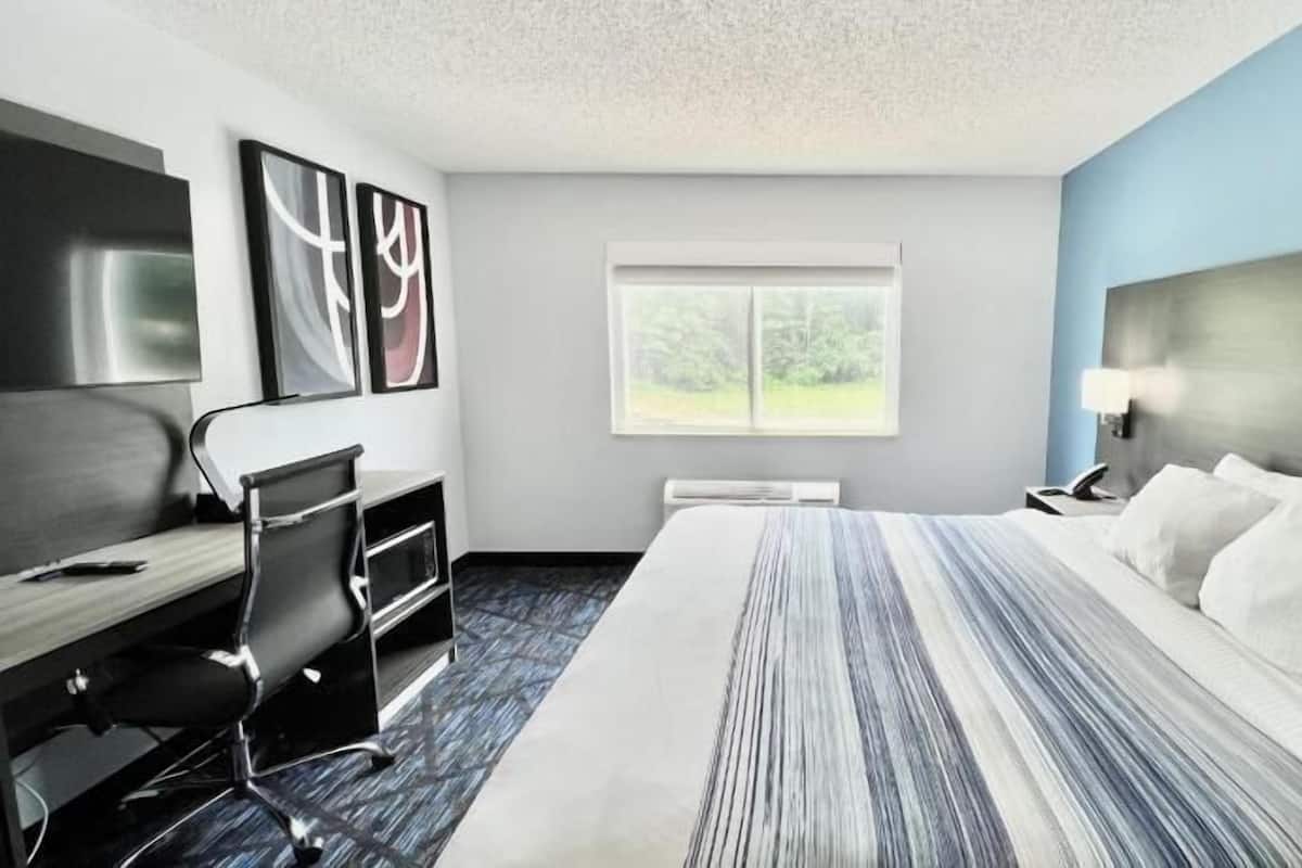 A hotel room with a bed, desk, chair, and a window with a view of trees.