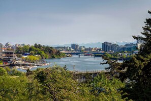 Panoramic city views with a river flowing through, surrounded by lush greenery and mountains.