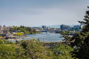 Panoramic city views with a river flowing through, surrounded by lush greenery and mountains.