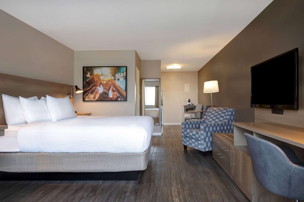 Ein Hotelzimmer mit einem großen Bett, einem Schreibtisch, einem Stuhl, einem Fernseher und einem Bild an der Wand.