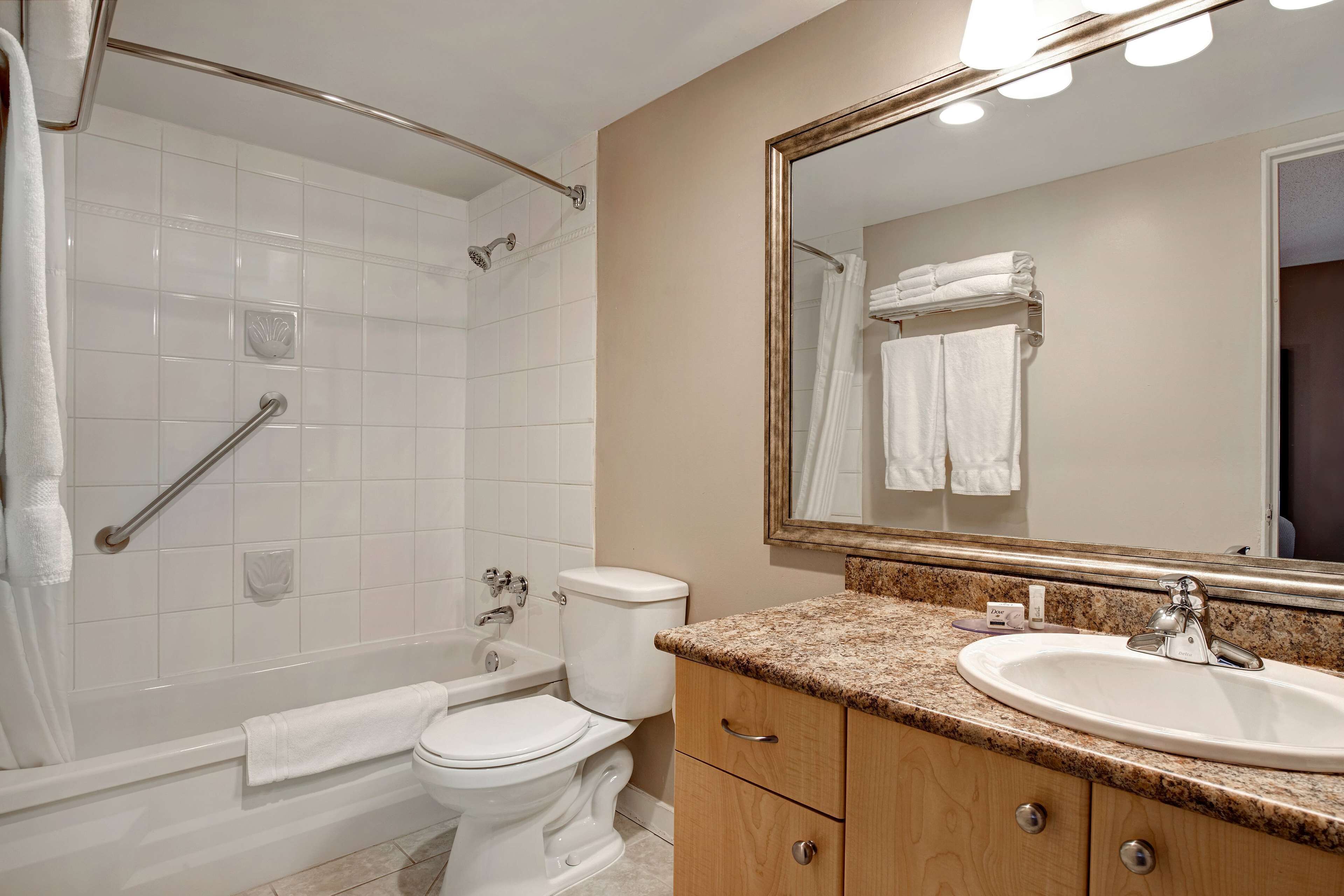 Une salle de bain avec une baignoire, des toilettes, un lavabo et un grand miroir.