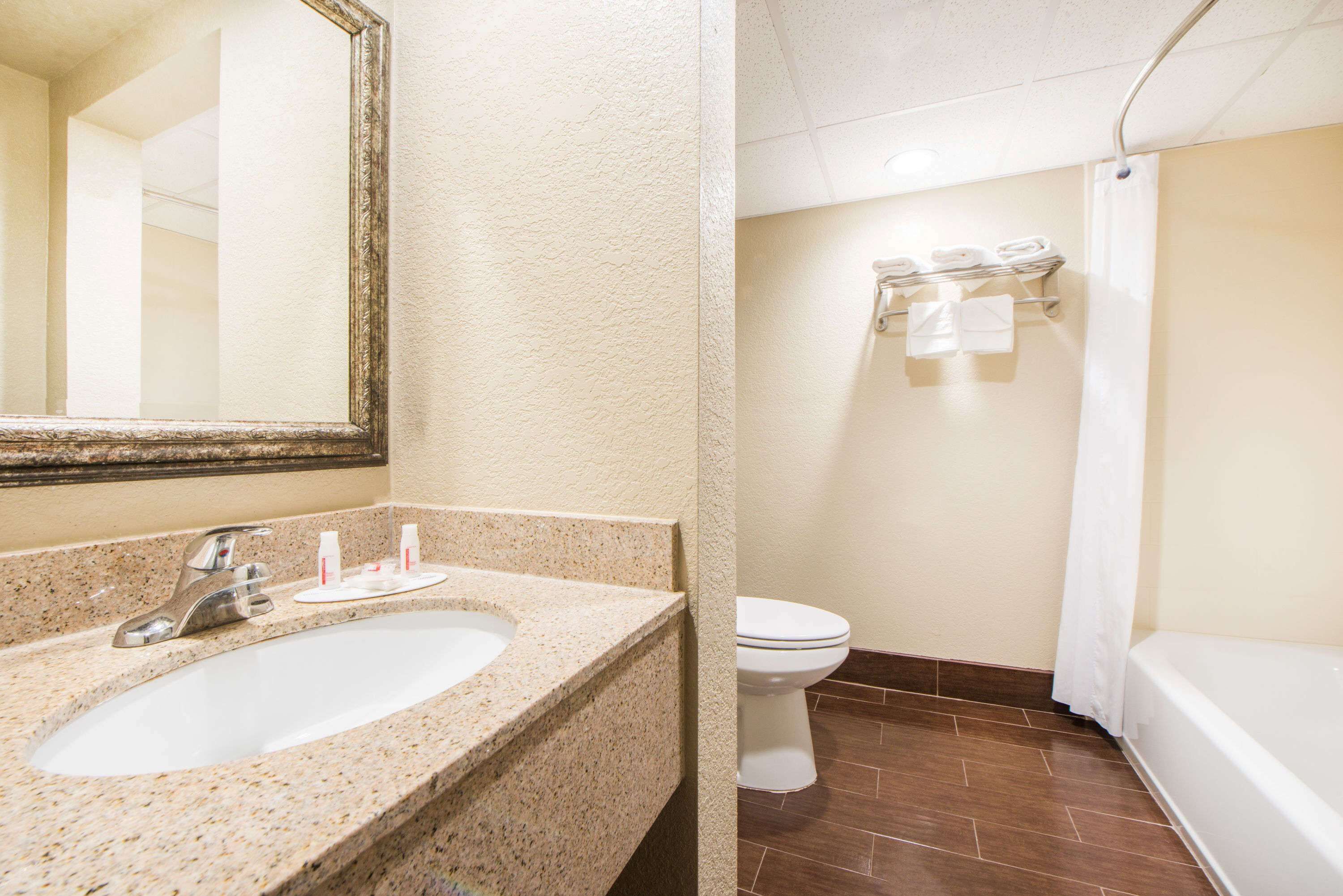 A bathroom with a sink, mirror, toilet, and bathtub.