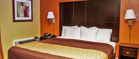 A hotel room with a large bed, two bedside lamps, a nightstand, and a framed picture on the wall.
