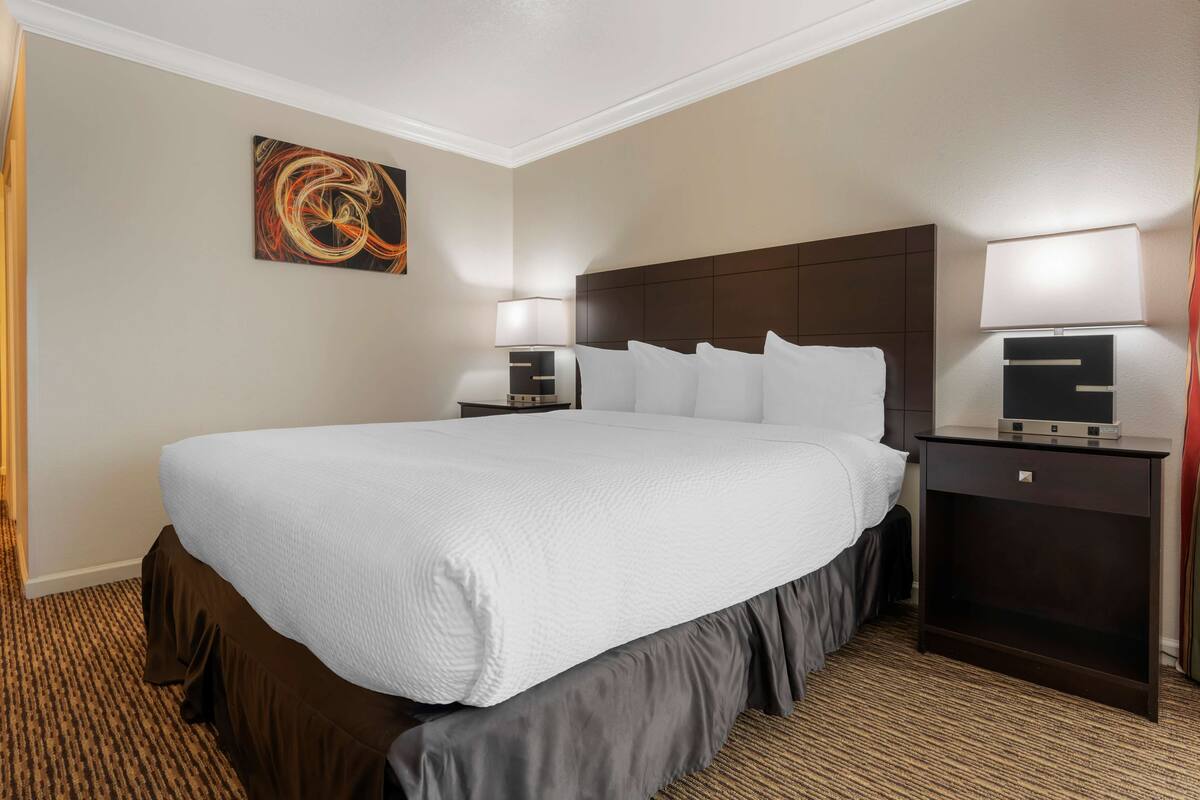 A hotel room with a large bed, a headboard, two bedside tables with lamps, and a wall art piece.