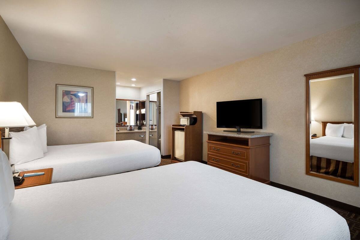 A hotel room with two beds, a TV, a dresser, a mirror, and a framed picture on the wall.
